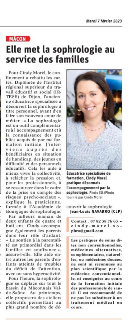 Article de presse, journal de Saône et Loire, Elle met la sophrologie au service des familles
